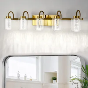 Bathroom Vanity Light Fixture, 5-Light Brushed Gold, Crystal Bubble Glass, Dimmable 3-Color LED, Modern Wall Sconce, Metal, Up/Down Mount, for Bathroom, Hallway, Kitchen, Bedroom