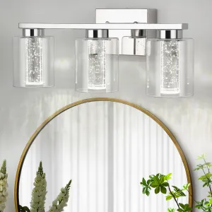 3-Light Bathroom Light Fixtures, Chrome Bathroom Vanity Light - 3 Color Dimmable Vanity Lights with Crystal Bubble, Bathroom Lighting Fixtures over Mirror for Bathroom Bedroom Living Room