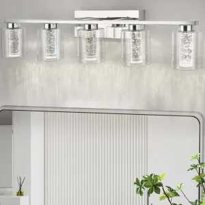 5-Light Bathroom Light Fixtures, Chrome Bathroom Vanity Light - 3 Color Dimmable Vanity Lights with Crystal Bubble, Bathroom Lighting Fixtures over Mirror for Bathroom Bedroom Living Room