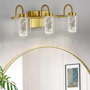 Bathroom Light Fixtures 3 Light Brushed Gold Vanity Lights Crystal Bubble Glass Dimmable 3 Color Temperatures Modern Bathroom Wall Sconce for Hallway Kitchen Bedroom