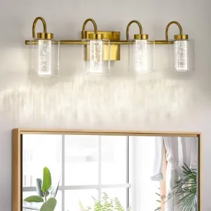 Bathroom Light Fixtures 4 Light Brushed Gold Vanity Lights Crystal Bubble Glass Dimmable 3 Color Temperatures Modern Wall Sconce Metal Clear Glass Shade
