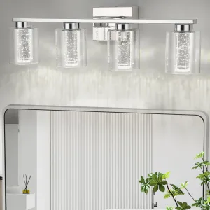 4-Light Bathroom Light Fixtures, Chrome Bathroom Vanity Light - 3 Color Dimmable Vanity Lights with Crystal Bubble, Bathroom Lighting Fixtures over Mirror for Bathroom Bedroom Living Room