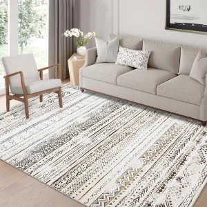 6x9 Machine Washable Area Rug Brown - Soft, Non-Slip Polyester - Foldable, Farmhouse Style - Living Room, Bedroom, Office
