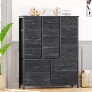 15 Drawer Dresser for Bedroom - Tall & Versatile Storage Organizer with Fabric, Metal Frame, Wood Top - Side Pockets, Hooks, Easy Assembly - Charcoal Black