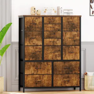 15 Drawer Dresser for Bedroom, Tall Storage Organizer with Fabric, Metal Frame, Wood Top, Side Pockets & Hooks, Easy Assembly(Brown)