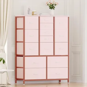 15 Drawer Dresser for Bedroom, Tall Storage Organizer with Fabric, Metal Frame, Wood Top, Side Pockets & Hooks, Easy Assembly(Pink)