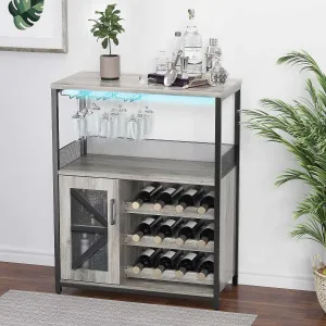 Wine Cabinet, Bar Cabinet W Led Light, Storage Shelf, Glass Holder, and Buffet Mesh Door, Small Kitchen Sideboard Buffet Sideboard, Freestanding Liquor Cabinet for Living Room, Dining Room