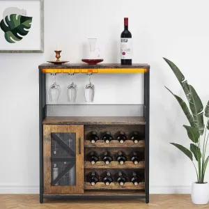 Wine Cabinet, Bar Cabinet W Led Light, Storage Shelf, Glass Holder, and Buffet Mesh Door, Small Kitchen Sideboard Buffet Sideboard, Freestanding Liquor Cabinet for Living Room, Dining Room