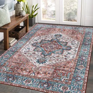 5x7 Area Rug for Living Room Vintage Washable Rug Soft Medallion Floral Rug Indoor Non Slip Throw Carpet for Living Room Bedroom Boho Non-Shedding Carpet for Home Office Nursery Dorm Orange