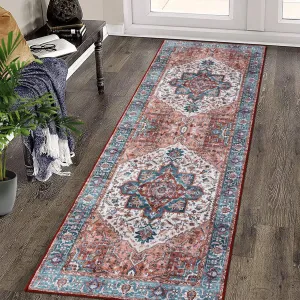Area Rug 2x6 Vintage Runner Rug Medallion Entryway Mat Washable Rug Boho Floral Hallway Runners Bedroom Bedside Laundry Runners Indoor Oriental Floral Rug Non-Slip Boho Kitchen Runners Orange