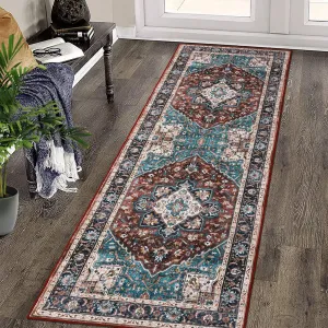 Area Rug 2x6 Vintage Runner Rug Medallion Entryway Mat Washable Rug Boho Floral Hallway Runners Bedroom Bedside Laundry Runners Indoor Oriental Floral Rug Non-Slip Boho Kitchen Runners Brown