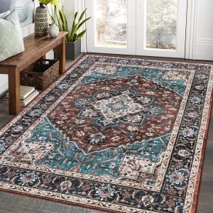 5x7 Area Rug for Living Room Vintage Washable Rug Soft Medallion Floral Rug Indoor Non Slip Throw Carpet for Living Room Bedroom Boho Non-Shedding Carpet for Home Office Nursery Dorm Brown