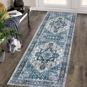 Area Rug 2x6 Vintage Runner Rug Medallion Entryway Mat Washable Rug Boho Floral Hallway Runners Bedroom Bedside Laundry Runners Indoor Oriental Floral Rug Non-Slip Boho Kitchen Runners Blue