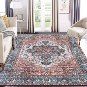 Washable Rug 8x10 Large Area Rug Indoor Soft Medallion Rug Vintage Floral Throw Carpet Non-Slip Low Pile Accent Rug Traditional Non-Shedding Boho Rugs Living Room Bedroom Home Office