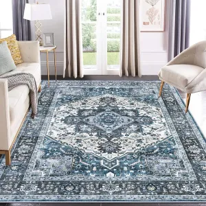 Area Rugs for Living Room 9x12 Bedroom Rug Machine Washable Vintage Rug Boho Floral Distressed Rug Anti-Slip Low Pile Non-Shedding Throw Carpet for Nursery Office Oriental Accent Rug Blue