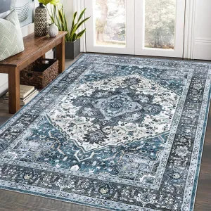 5x7 Area Rug for Living Room Vintage Washable Rug Soft Medallion Floral Rug Indoor Non Slip Throw Carpet for Living Room Bedroom Boho Non-Shedding Carpet for Home Office Nursery Dorm Blue