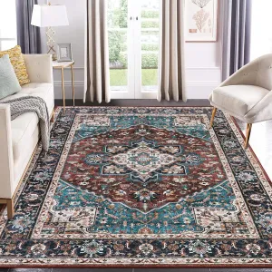 Washable Rug 8x10 Large Area Rug Indoor Soft Medallion Rug Vintage Floral Throw Carpet Non-Slip Low Pile Accent Rug Traditional Non-Shedding Boho Rugs Living Room Bedroom Home Office Brown