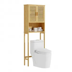 Bamboo Over Toilet Storage Cabinet + Adjustable Shelf + Double Doors + Solid Bamboo + Eco-Friendly Finish + 9"D x 24"W x 67"H + Bathroom