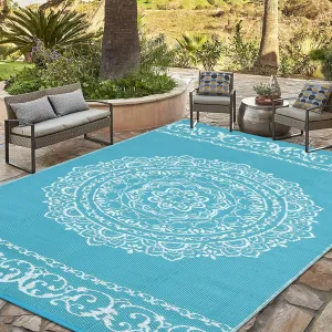 Outdoor Light Blue & White 5x8 Reversible Mats Medallion Plastic Straw Rug for Patio Waterproof Camping Rug for RV Camping Beach Deck Picnic Backyard Camping Porch Easy Cleaning Floor Mat