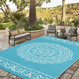 Outdoor Light Blue & White 9x12 Rug – Reversible Medallion Plastic Straw Rug, Waterproof Washable Outdoor Patio Rug for Deck, RV, Backyard, Picnic, Camp, Beach, or Balcony