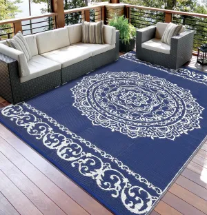 Outdoor Navy & White 8x10 Rug, Reversible Plastic Straw Mat, UV Stable & Waterproof, Durable Polypropylene, Fade Resistant, Navy/White Medallion, Patio & Camping
