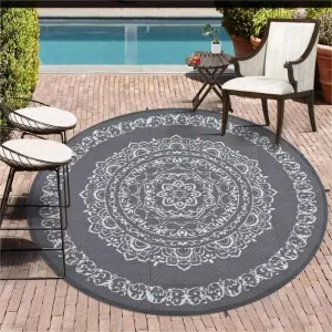 Outdoor Grey & White 6' Round Rug for Patios Reversible Patio Rug Plastic Straw Rug Waterproof Lightweight Rug for Backyard, Picnic, Beach, Camping