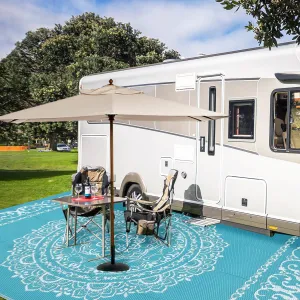 Outdoor Light Blue & White 9x18 Waterproof Reversible Plastic Straw Rug, Plastic Straw Indoor Outdoor Rug for Patio RV Camping Balcony Deck Backyard