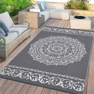 Outdoor Grey & White 6x9 Rug for Patios Reversible Patio Rug Plastic Straw Rug Waterproof Lightweight Rug for Backyard, Picnic, Beach, Camping