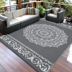 Outdoor Grey & White 9x18 Rug Waterproof Reversible Plastic Straw Rug, Plastic Straw Indoor Outdoor Rug for Patio RV Camping Balcony Deck Backyard