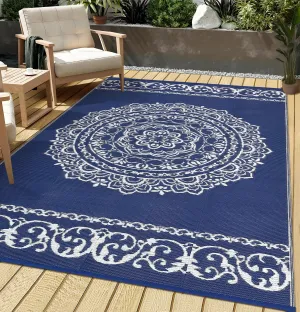 Outdoor Navy & White 9x18 Large Rug, Medallion Waterproof Reversible Plastic Straw Camping Mat with Stakes Portable for Patio Beach RV