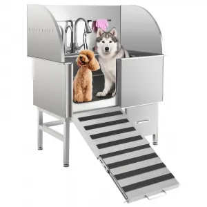 Professional Dog Grooming Tub, Stainless Steel Dog Wash Station with Foldable Ramp, Storage Drawer, Floor Grate & Faucet/Dog Bathtub for Large, Medium & Small Pets - Left Door (60")