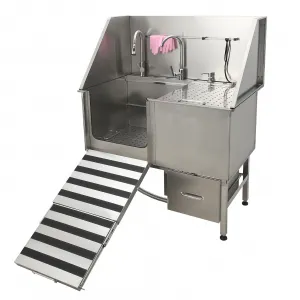 Professional Dog Grooming Bathing Station, Stainless Steel Dog Bathtub with Foldable Ramp, Storage Drawer, Floor Grate & Faucet/Dog Bathtub for Large, Medium & Small Pets - Left Door (50")