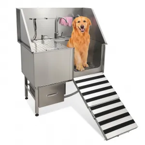Professional Dog Grooming Bathing Station, Stainless Steel Dog Bathtub with Foldable Ramp, Storage Drawer, Floor Grate & Faucet/Dog Bathtub for Large, Medium & Small Pets - Right Door (50")