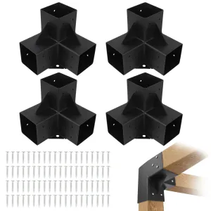 4PC Heavy Duty 3-Way Steel Pergola Brackets Kit for 6"x6" Lumber (Inner 5.6"x5.6") - Corner Brackets for Gazebo, Patio Pergolas, Black