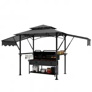 Grill Gazebo,5x8ft Double Layer BBQ Gazebo, Outdoor BBQ Waterproof Patio Canopy Tent Extra Shadow with Double Sided Awning,Two Side Frames (Gray)