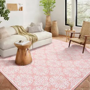 10x13 Large Washable Living Room Rug Ultra-Soft Floral Print Pink Non-Slip Indoor Floor Cover
