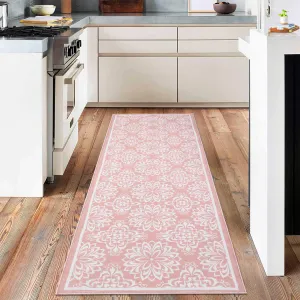 Vintage Floral Area Rug 2x6 Runner Rug Washable Hallway Runners Non-Slip Soft Entryway Rug Runner Indoor Faux Wool Throw Rug Non-Shedding Floor Carpet for Bedroom Bedside Laundry Kitchen Pink