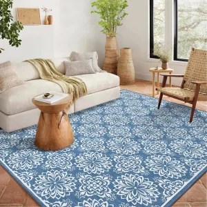 10x13 Large Washable Rug Ultra-Soft Indoor Floor Cover Blue Floral Print Non Slip Backing