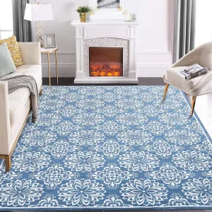 9x12 Area Rugs Large Machine Washable Rug Living Room Rugs Modern Floral Rugs for Bedroom Non Slip Soft Indoor Carpet Vintage Print Accent Rug Non Shedding Dining Room Office Throw Carpet Blue