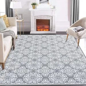 9x12 Area Rugs Large Machine Washable Rug Living Room Rugs Modern Floral Rugs for Bedroom Non Slip Soft Indoor Carpet Vintage Print Accent Rug Non Shedding Dining Room Office Throw Carpet Grey