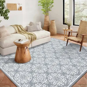 10x13 Large Washable Rug Ultra-Soft Indoor Floor Cover Grey Floral Print for Living Room Nursery Office Bedroom