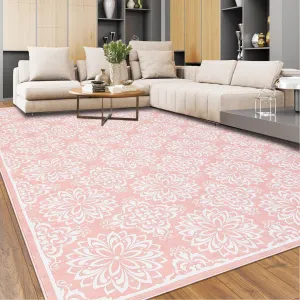 Modern Floral Area Rugs 6x9 Living Room Rugs Large Machine Washable Rug Non Slip for Bedroom Vintage Print Rug Soft Faux Wool Floral Rug Non Shedding Throw Carpet for Dining Room Office Pink
