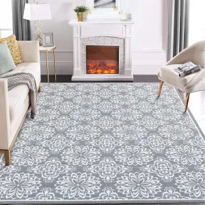 5x7 Area Rugs Living Room Rugs Large Machine Washable Rug for Bedroom Non Slip Modern Rug Soft Faux Wool Floral Rug Vintage Print Rug Non Shedding Throw Carpet for Dining Room Home Office Grey