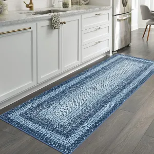 Bordered Grey Blue 2x8 Modern Boho Runner Rug, Ultra-Thin Washable Non-Slip Polyester Non-Shedding Low Pile for Entryway, Hallway, Bedroom