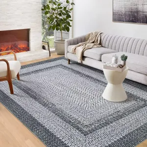 Bordered Grey 4x6 Area Washable Rugs, Non-Slip Low Pile Polyester Traditional Braided Print for Living Room, Bedroom, Office