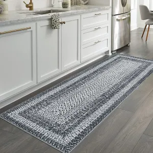Bordered Grey 2x8 Washable Runner Rug, Distressed Farmhouse Print, Ultra-Thin Non-Slip Polyester Mat with Cozy Texture for Kitchen, Bedroom, Entryway
