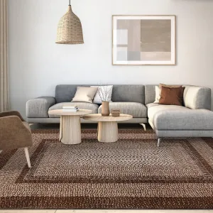 Bordered Brown 5x7 Braided Washable Rug, Low Pile Non-Slip Polyester Vintage Farmhouse Carpet for Living Room Bedroom