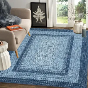 Bordered Grey Blue 8x10 Boho Washable Rug, Modern Braided, Non-Slip, Low Pile, Polyester, Non-Shedding, Blue, Ideal for Living Room, Bedroom, Office