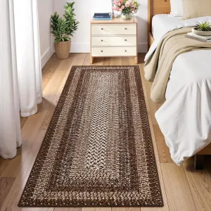 Bordered Brown 2x10 Runner Rugs for Hallways, Washable Braided Printed Area Rug with Non-Slip Backing, Low Pile Rugs Carpet Runners for Bedroom Entryway Kitchen