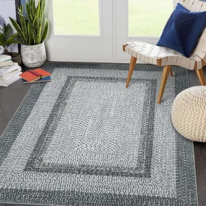 Bordered Grey 5x7 Braided Collection Area Rug, Modern, Washable, Non-Slip, Low Pile Polyester - Grey, Vintage Country Cottage - Indoor Use